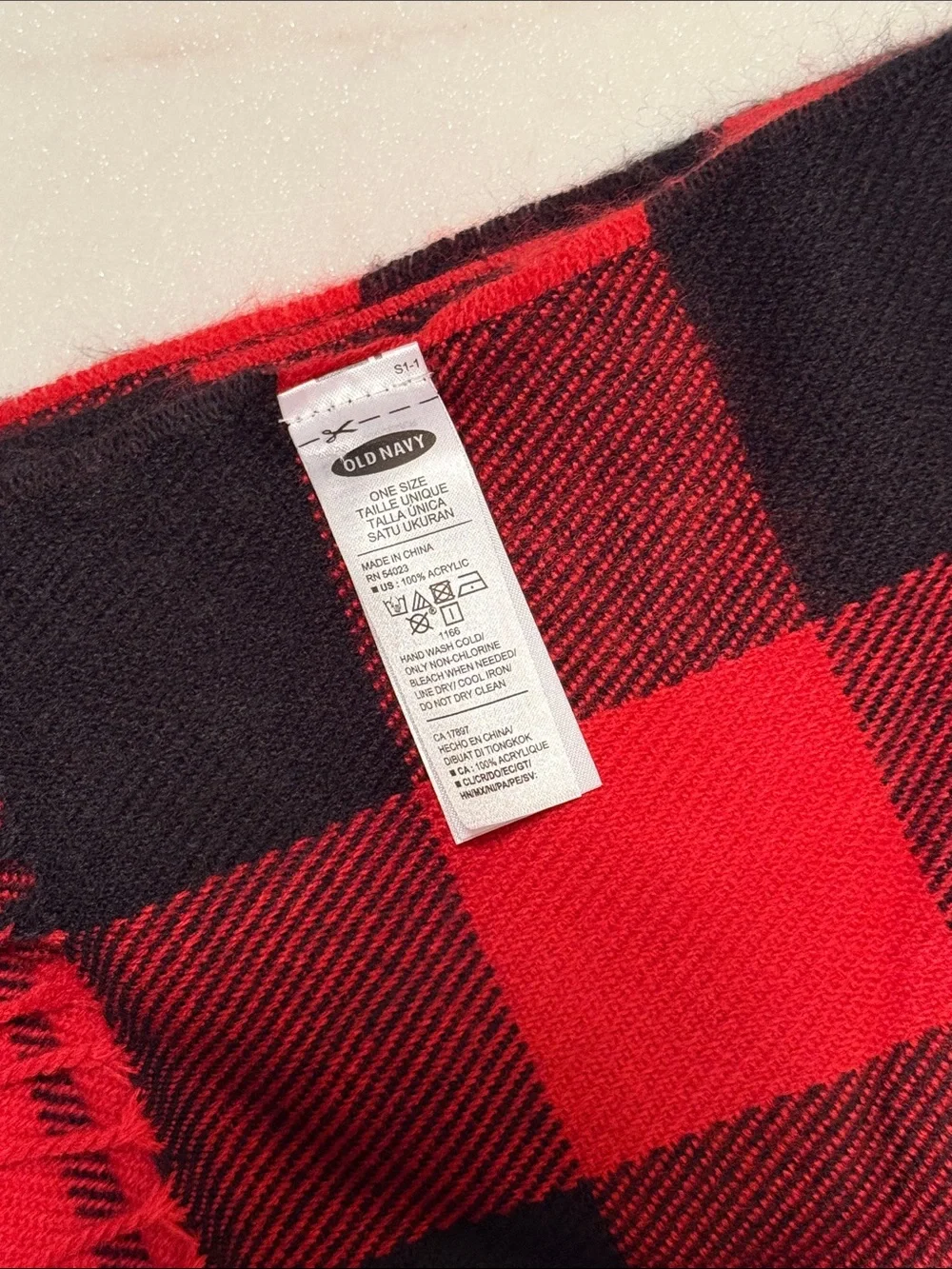 Old Navy 100% Acrylic Red and Black Buffalo Plaid Scarf - 12” x 72”